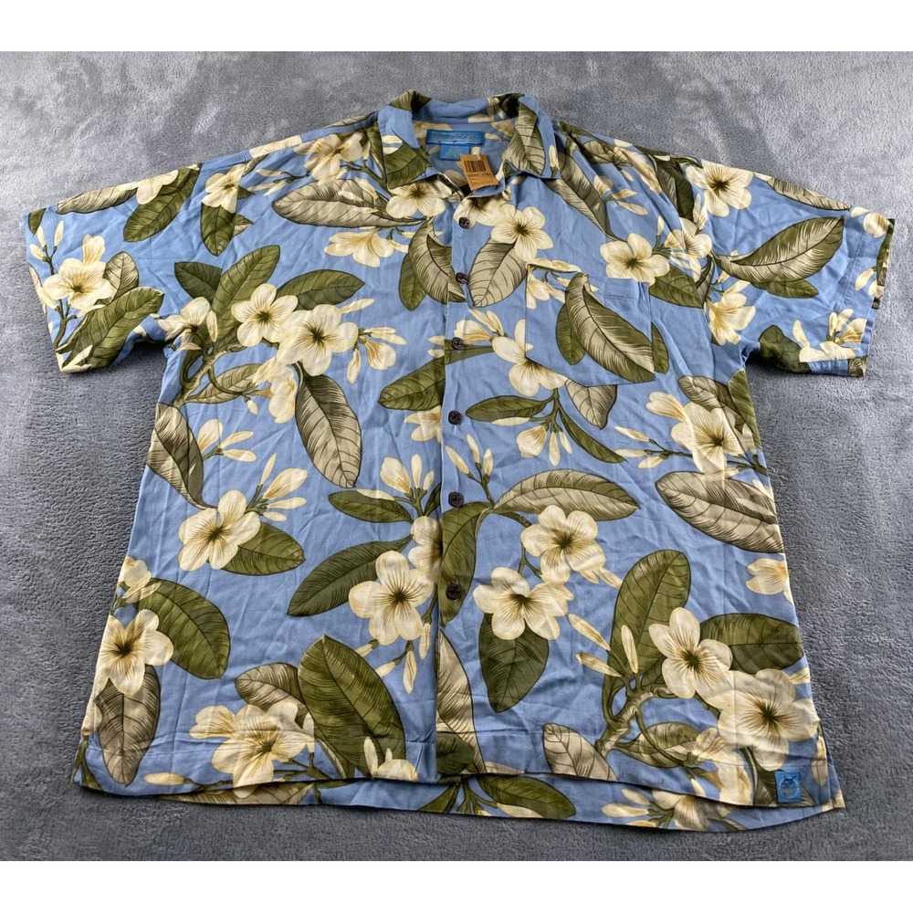 Bermuda Bay Mens XL Blue Rayon Plumeria Herringbone Hawaiian Camp Shirt NEW